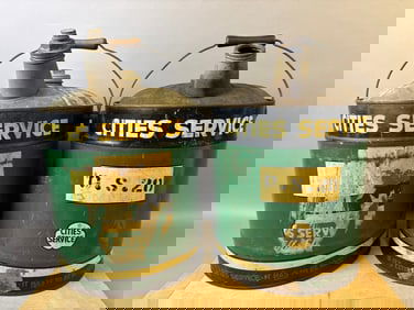 Pair 1940s Cities Service Motor Oil 5 Gallon Cans w/ Long Neck
