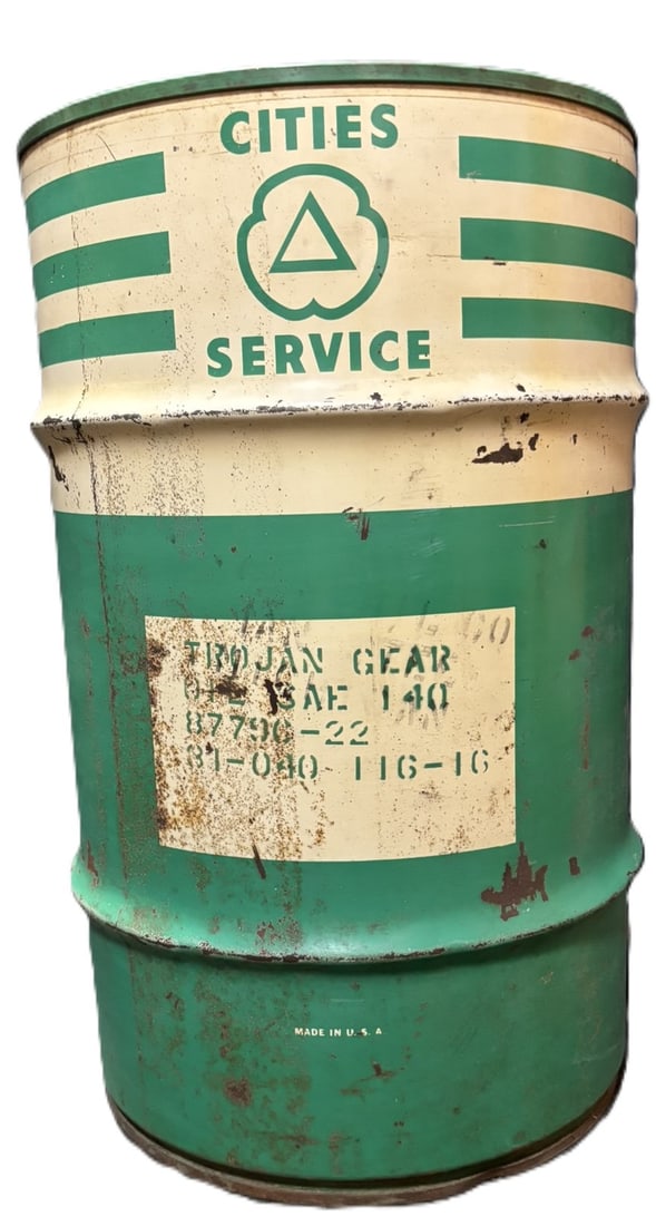 Cities Service Trojan Gear Oil 50lb Grease Barrel Metal Drum FULL: Full NOS barrell - 14.25" x 24" tall - See all photos for a better idea on condition. All items are sold as-is, where-is! This is a simulcast auction event, with in house bidding offered, along with m