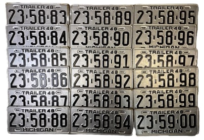 18 Consecutive Michigan Trailer 1948 License Plates 23-58-83 to 23-59-00