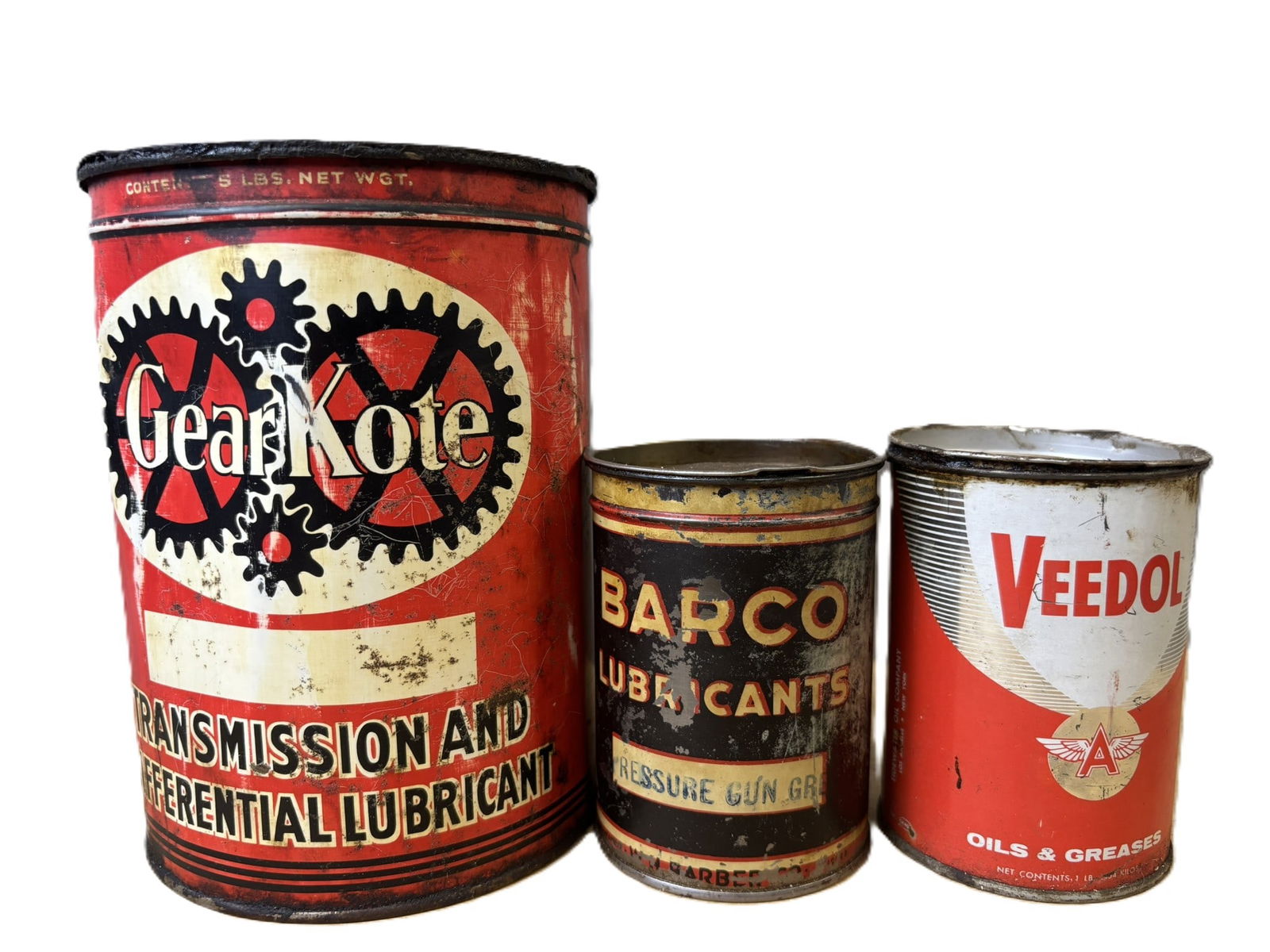 3 Metal Grease Cans Gearkote 5lb Barco Veedol 1lb: See all photos for a better idea on condition. All items are sold as-is, where-is! This is a simulcast auction event, with in house bidding offered, along with multiple online bidding platforms. If yo