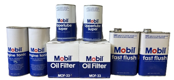 Lot 8 Mobil Gas Station NOS Full Cans Upperlube Engine Tonic & Fast Flush