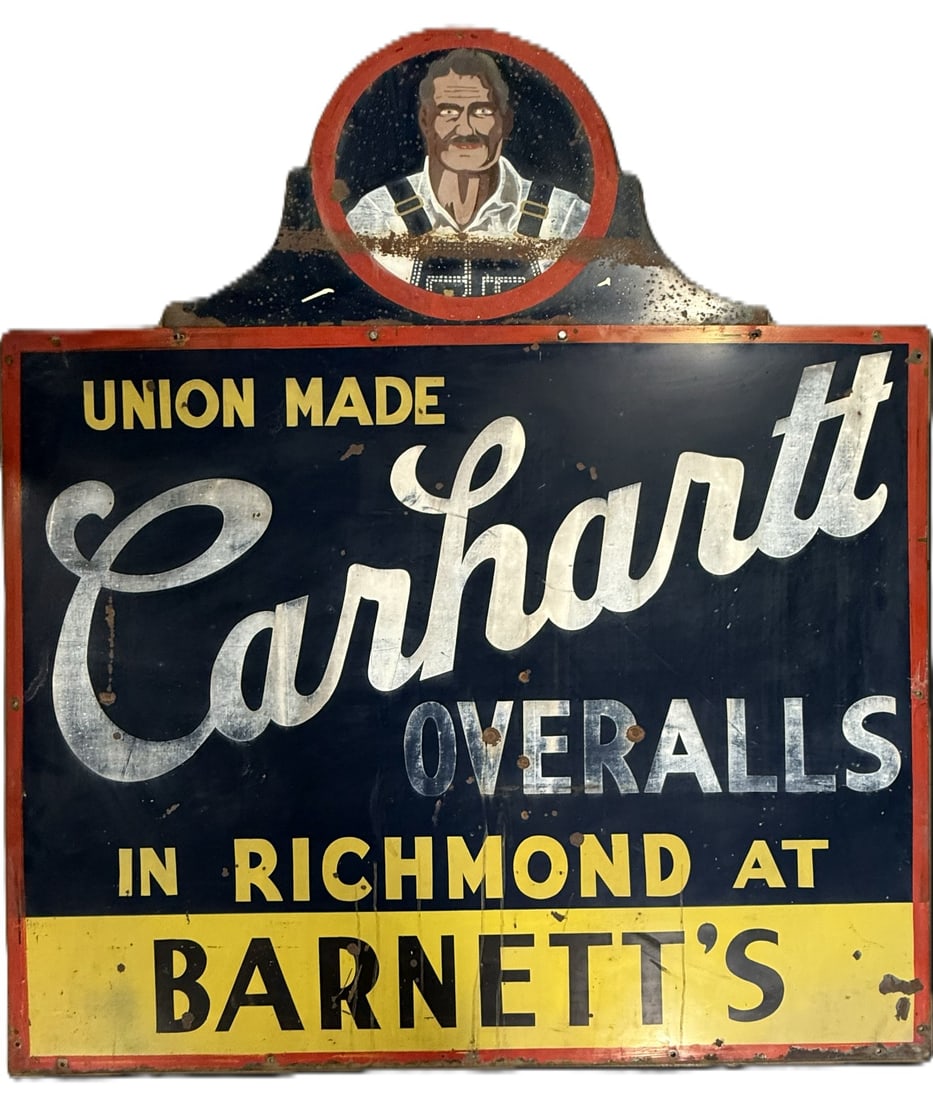 Carhartt Overalls In Richmond at Barnetts DST Billboard Advertising Sign: 5' wide x 68” tall overall - sign itself is 5’x4’ with the 20” hand painted topper -double sided painted metal - See all photos for a better idea on condition. All items are sold as-is