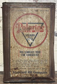 Polarine Sturdy & Rich Motor Oil 5 Gallon Square Can Ca. 1920s