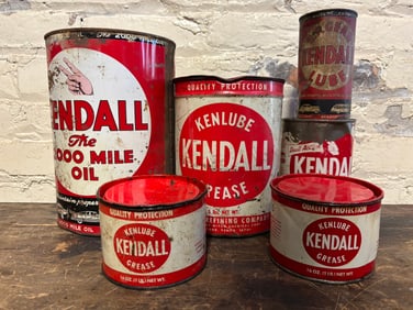 Kendall Motor Oil Lot 6 1 & 5 Quart & 1LB Grease Cans