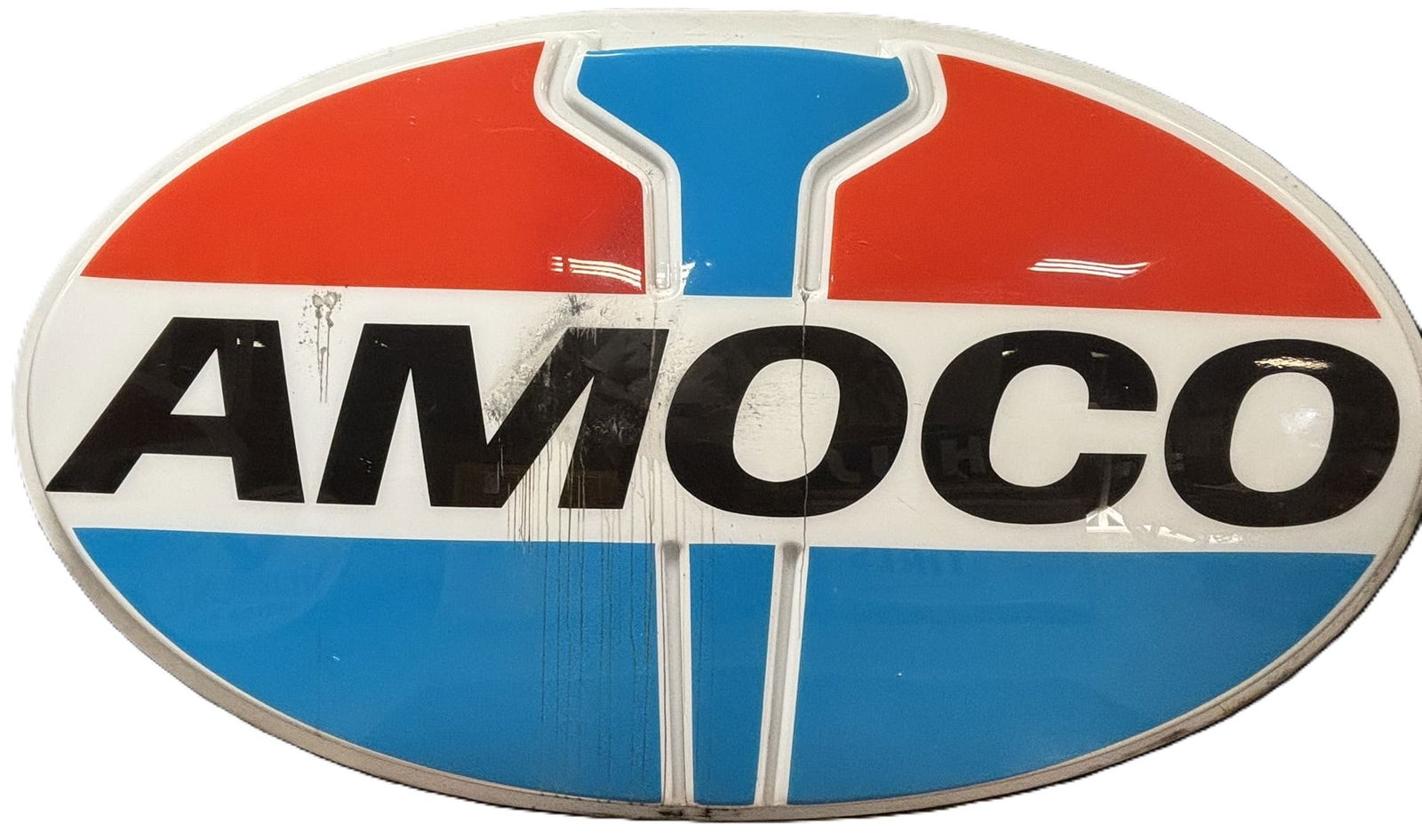 AMOCO Plastic 8'x5' Plastic Embossed Gas Station Sign: 98" x 60" - has some paint loss as shown - See all photos for a better idea on condition. All items are sold as-is, where-is! This is a simulcast auction event, with in house bidding offered, along wi