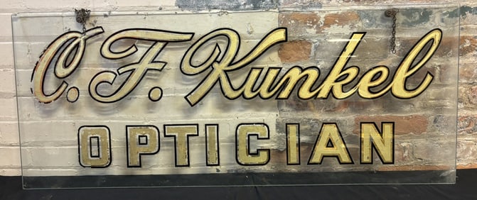 C.F. Kunkel Optician Reverse Painted Glass Gold Gilt Sign