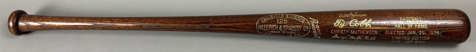 1st Class HOF 1936 Elected H&B Louisville Slugger Bat 1 of 500: Incredible original near mint condition. Limited number bat and is 500 of 500. PLEASE NOTE WE OFFER IN HOUSE SHIPPING & HAVE BIDDING AVAILABLE ON OUR OWN WEBSITE! If you win on LIVE AUCTIONEERS, pleas