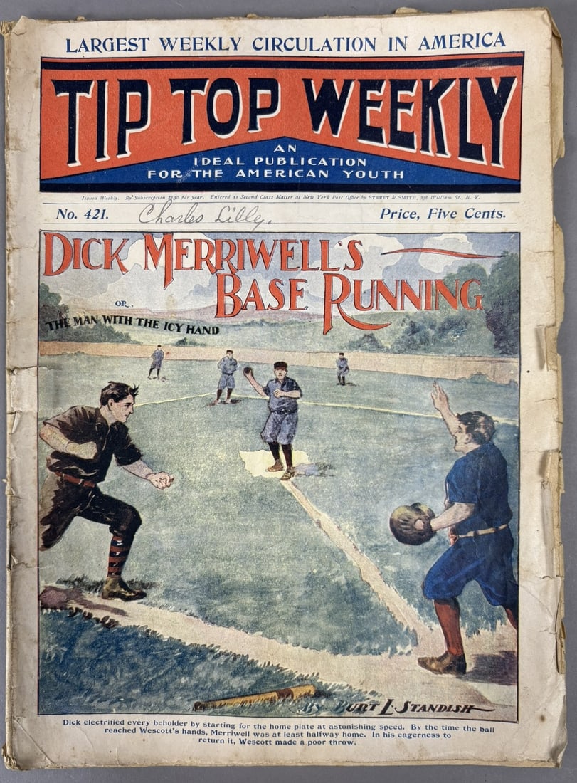 Dick Merriwell's Base Running Tip Top Weekly No 421 1904 Magazine: Great original Burt L Standish cover. Wear as to be expected for the age. Truly a remarkably scarce original baseball periodical. Measures 8" x 11" PLEASE NOTE WE OFFER IN HOUSE SHIPPING & HAVE BIDDIN