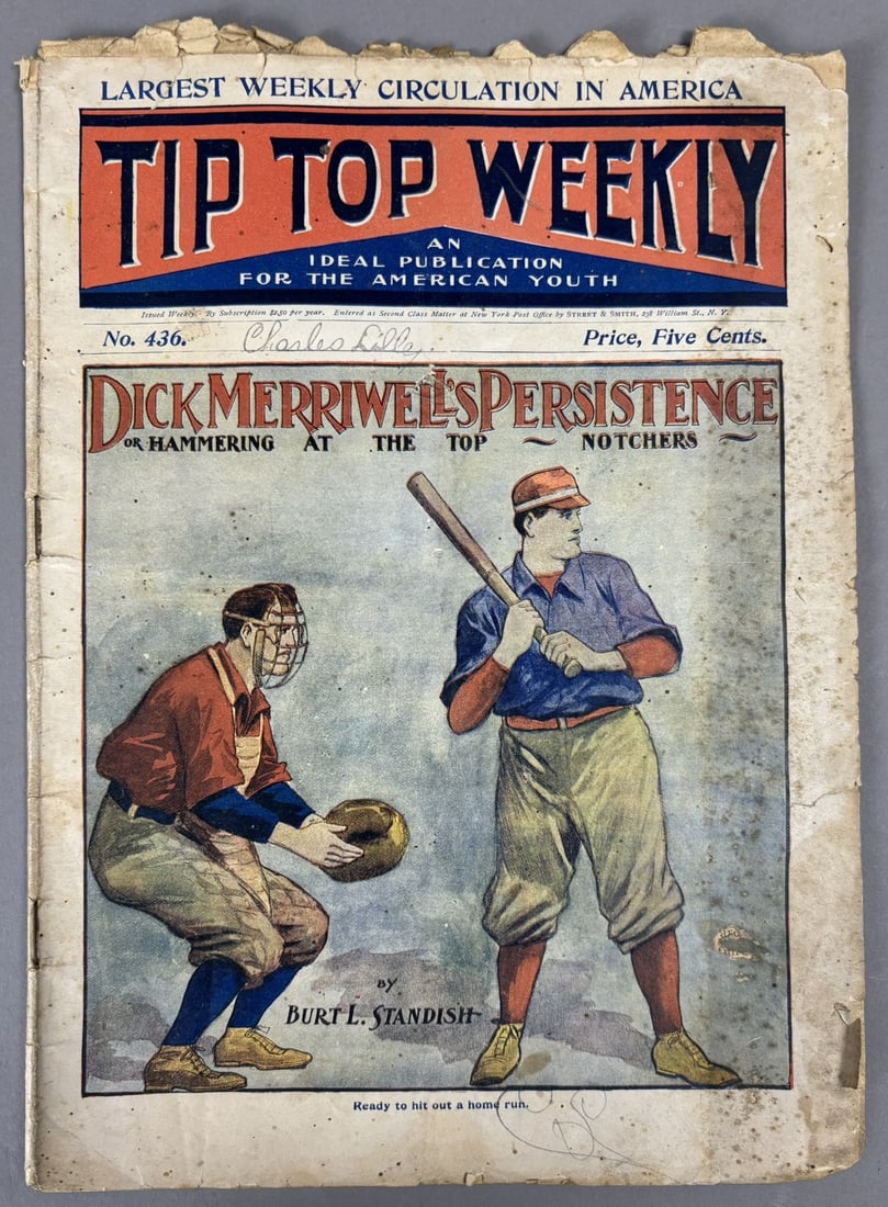 Dick Merriwell's Persistence Tip Top Weekly No 436 1904 Magazine: Great original Burt L Standish cover. Dated Aug 20 1904. Wear as to be expected for the age. Truly a remarkably scarce original baseball periodical. Measures 8" x 11" PLEASE NOTE WE OFFER IN HOUSE SHI
