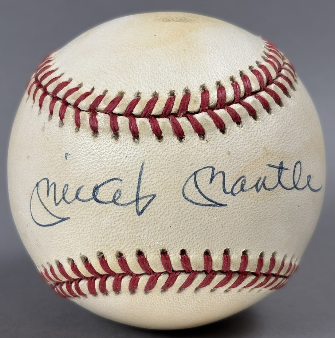 Mickey Mantle Single Signed Rawlings Bobby Brown Baseball: Great original Mickey Mantle single signed Rawlings Bobby Brown - Sticker #AUE47232 - light toning and wear as shown! PLEASE NOTE WE OFFER IN HOUSE SHIPPING & HAVE BIDDING AVAILABLE ON OUR OWN WEBSITE