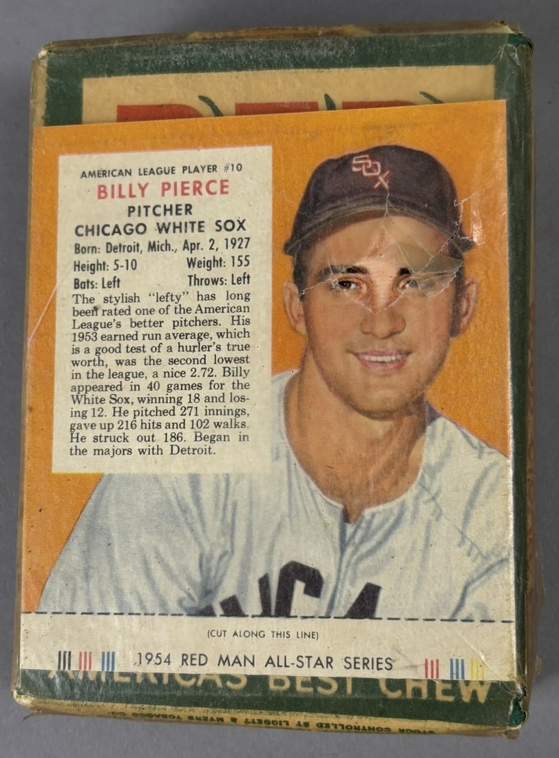 1954 Red Man Sealed Tobacco Pack w/ Billy Pierce Baseball Card: Remarkable time capsule. Original sealed 1954 Red Man Tobacco Pack w/ Billy Pierce card as shown. PLEASE NOTE WE OFFER IN HOUSE SHIPPING & HAVE BIDDING AVAILABLE ON OUR OWN WEBSITE! If you win on LIVE