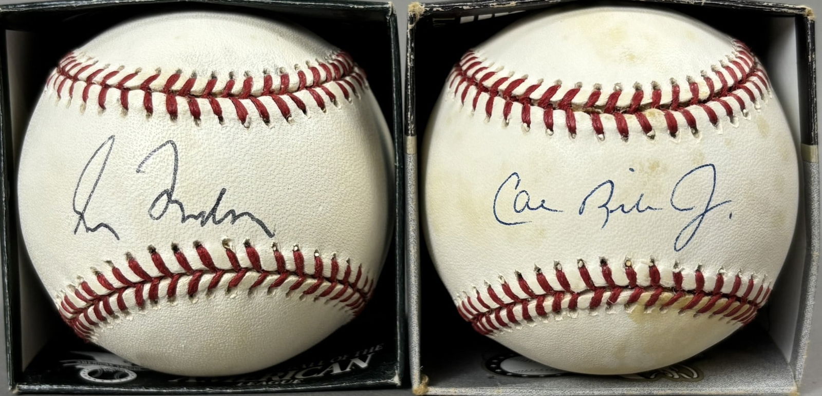 Greg Maddux & Cal Ripken Jr Rawlings Single Signed Baseballs: Greg Maddux RO-N & Cal Ripken Jr RO-A signed baseballs. See all photos. Great original autos. PLEASE NOTE WE OFFER IN HOUSE SHIPPING & HAVE BIDDING AVAILABLE ON OUR OWN WEBSITE! If you win on LIVE AUC