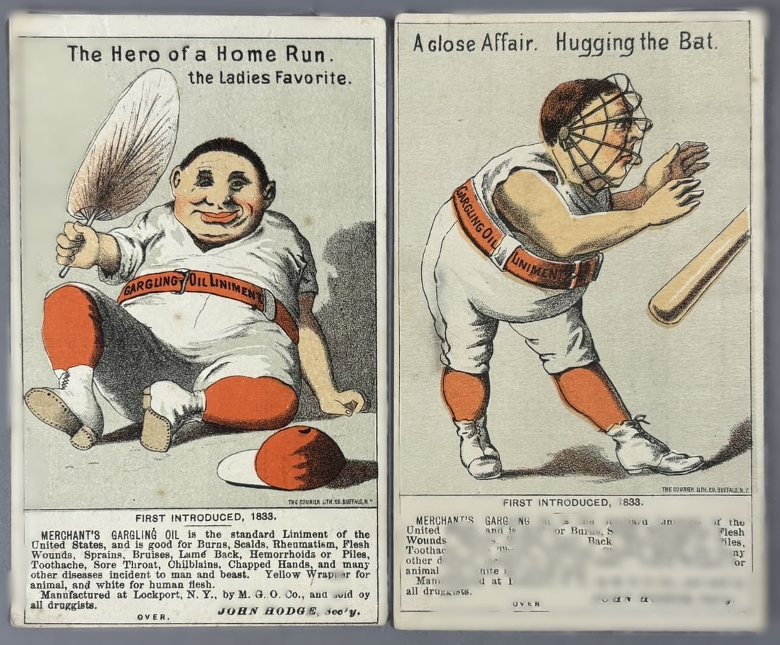 Antique Pair Garling Oil Liniment John Hodge Baseball Trading Cards: Great original pair of Garling Oil Liniment advertising trade cards. Great overall condition. See all photos. PLEASE NOTE WE OFFER IN HOUSE SHIPPING & HAVE BIDDING AVAILABLE ON OUR OWN WEBSITE! If you