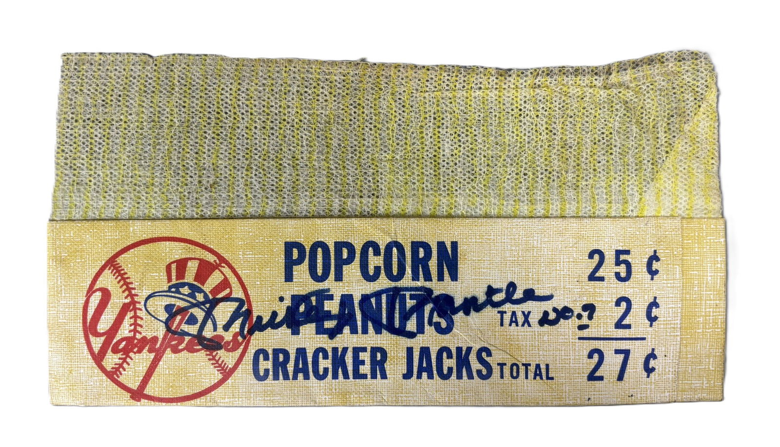 Mickey Mantle Signed Yankee Stadium 1950s Concession Hat: All original Yankee Stadium Popcorn Peanuts Cracker Jacks Vendor hat signed by Hall of Famer MICKEY MANTLE. Comes with the original COA from Ken's Cards, Comics & Collectibles. Strong vibrant signatur