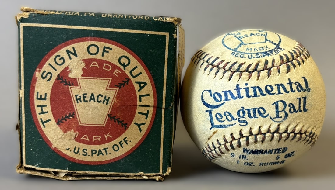 Reach Continental League Ball Red Blue Lace w/ Original Box #1: #1 of #2 found and listed for your bidding pleasure. Extremely high grade, unused condition Late 1910s, early 1920s Reach Continental League Ball with original box and applied paper lables. Very scarc
