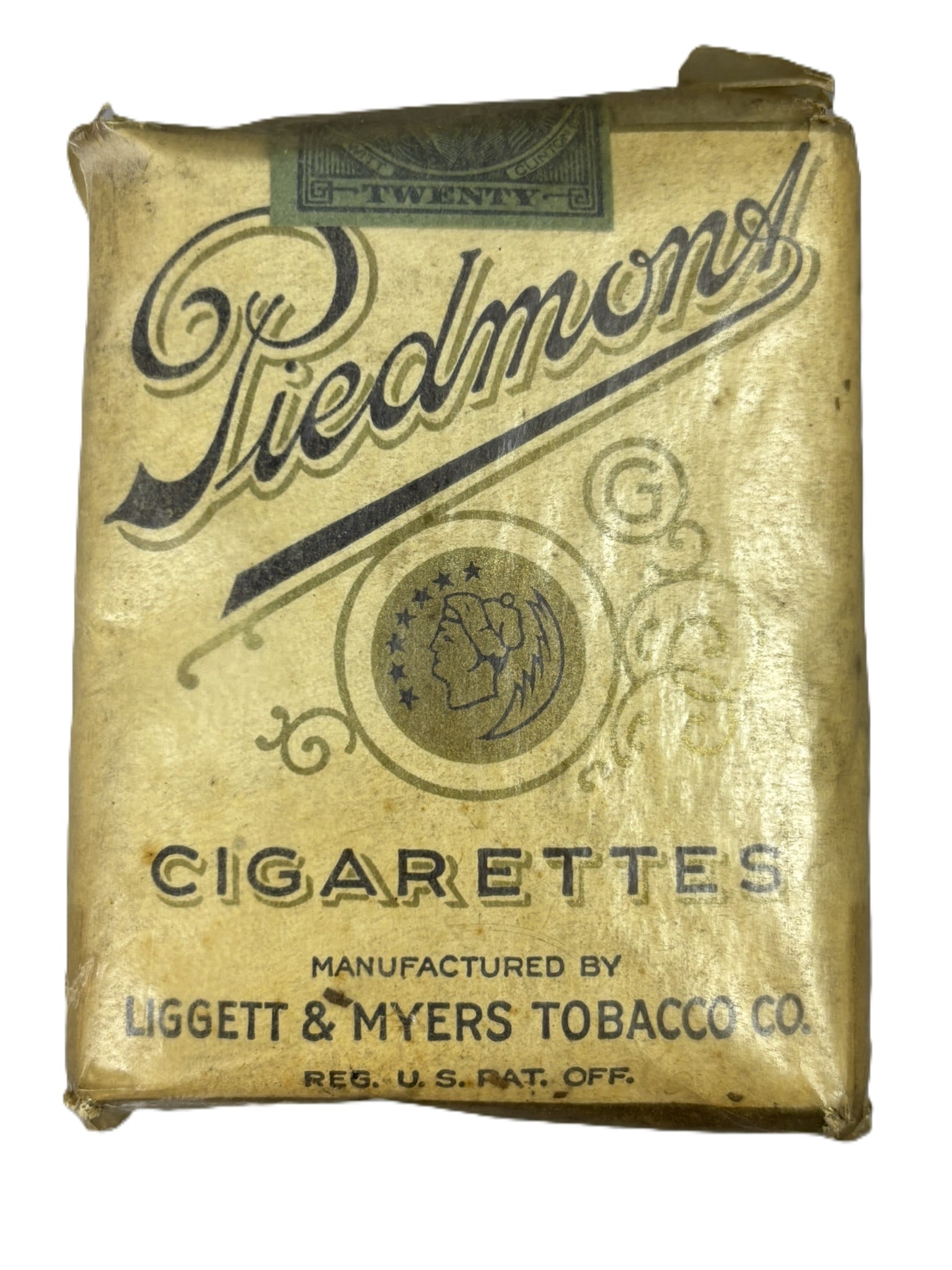 1920s Piedmont Cigarettes Sealed Original Tobacco Pack: Wonderful original sealed pack of Piedmont Cigarettes. PLEASE NOTE WE OFFER IN HOUSE SHIPPING & HAVE BIDDING AVAILABLE ON OUR OWN WEBSITE! If you win on LIVE AUCTIONEERS, please click "SELF ARRANGED S