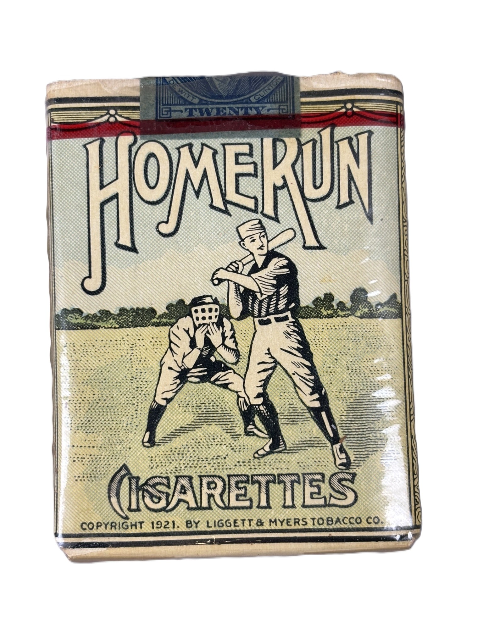 1921 Homerun Cigarettes Original Sealed Tobacco Pack: Great original sealed pack of Homerun Cigarettes. Dated 1921 on pack by Liggett & Myers. PLEASE NOTE WE OFFER IN HOUSE SHIPPING & HAVE BIDDING AVAILABLE ON OUR OWN WEBSITE! If you win on LIVE AUCTIONE
