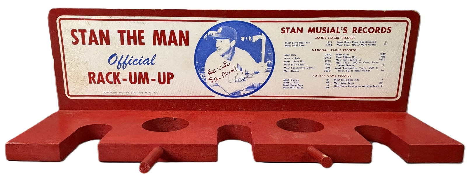 Stan The Man Official Musial 1964 Baseball Bat Rack: Great original Stan The Man Inc 1964 Dated Baseball Bat Rack - great original bat rack! See all photos. PLEASE NOTE WE OFFER IN HOUSE SHIPPING & HAVE BIDDING AVAILABLE ON OUR OWN WEBSITE! If you win o