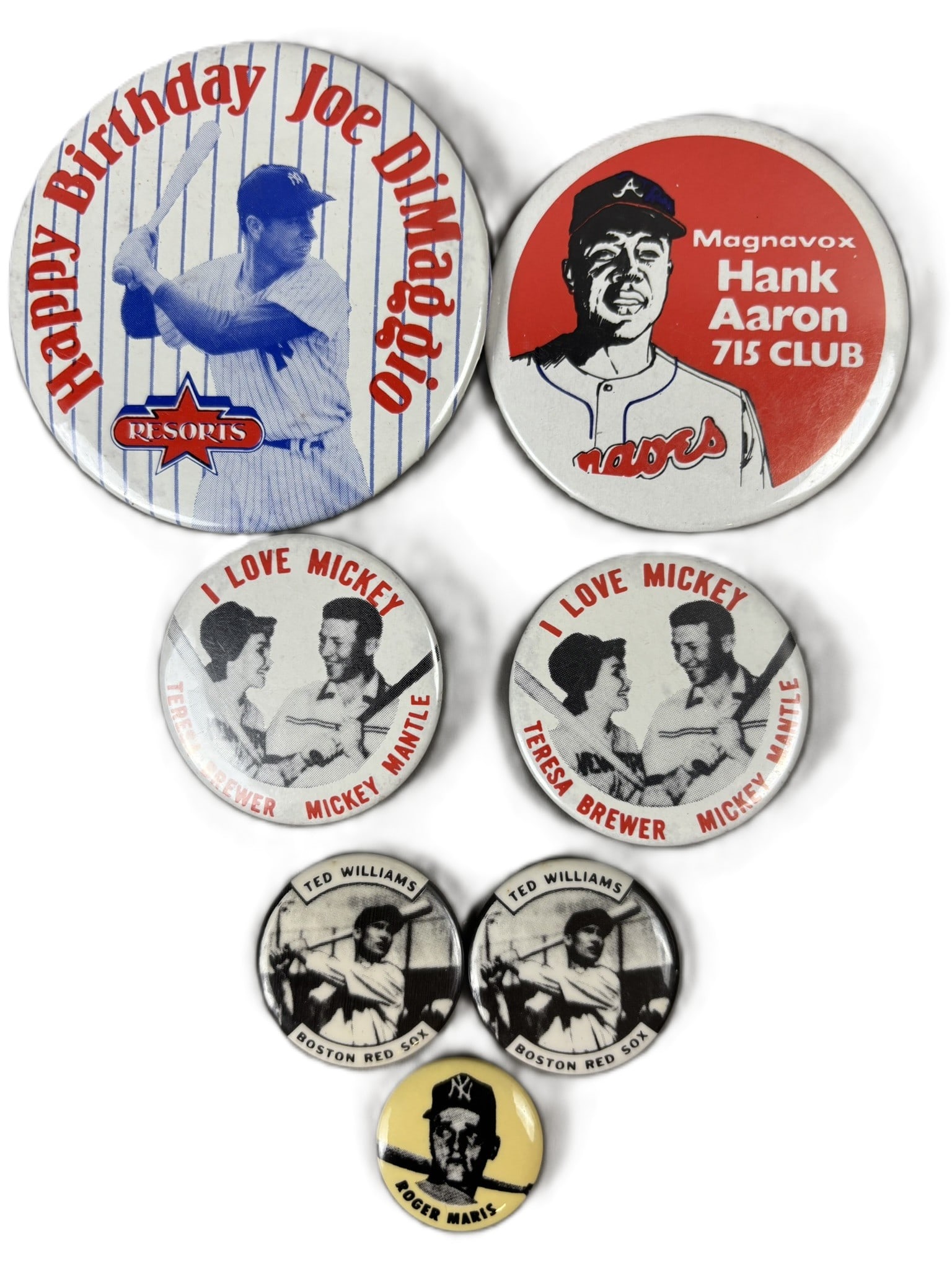 Lot 7 HOF Baseball Buttons Hank Aaron Mickey Mantle Ted Williams: Nice original lot of 7 baseball buttons. Joe Dimaggio Happy Birthday, Hank Aaron 715 Magnavox Button, I Love Mickey x 2, Ted Williams Boston Red Sox x 2 and Roger Maris. See all photos. PLEASE NOTE WE