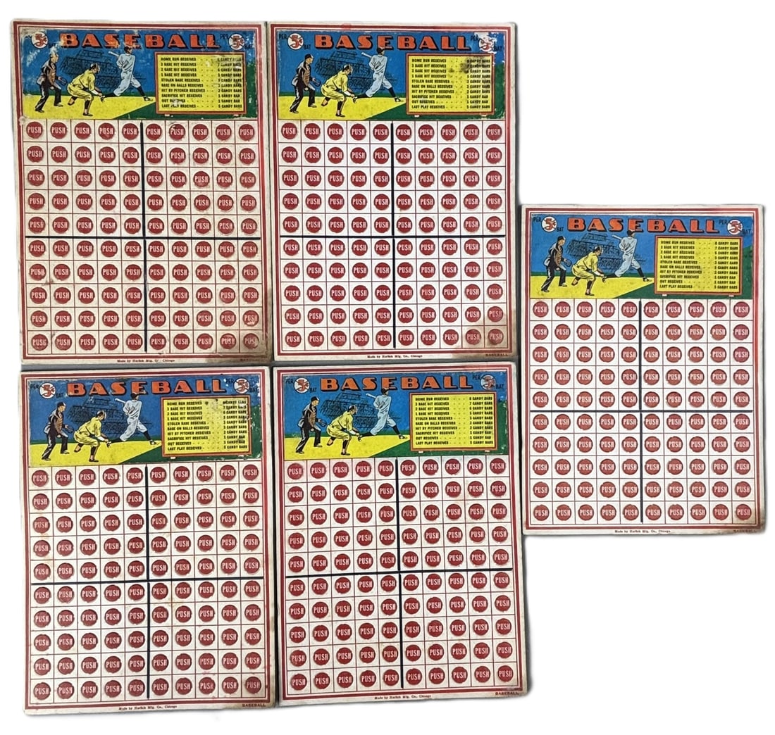 Lot 5 40s-50s Baseball 5 Cent Push Punchboard Games: Great original lot of 5 punchboard unused cardstock games. Made by Harlich Mfg Co Chicago. PLEASE NOTE WE OFFER IN HOUSE SHIPPING & HAVE BIDDING AVAILABLE ON OUR OWN WEBSITE! If you win on LIVE AUCTIO