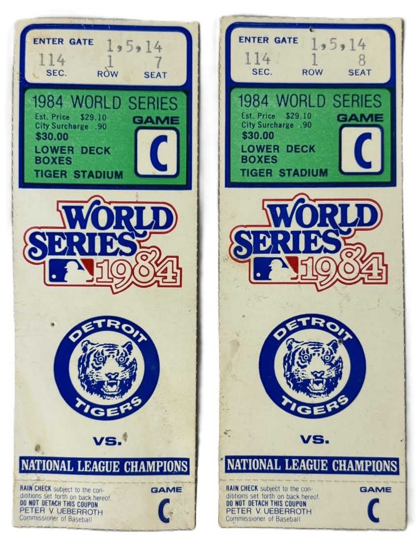 Pair Detroit Tigers 1984 World Series Game C Ticket Stubs: Nice original pair of World Series 1984 Ticket Stubs for Game C. Sec 114 Row 1 Seats 7 & 8. PLEASE NOTE WE OFFER IN HOUSE SHIPPING & HAVE BIDDING AVAILABLE ON OUR OWN WEBSITE! If you win on LIVE AUCTI