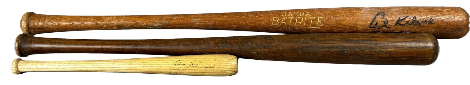 Lot 3 Detroit Tigers Signed & Endorsed Mini Bats Greenberg Kaline Gehringer Rogell: Great original lot of 3 miniature baseball bats. First is a Hanna Batrite endorsed by Al Kaline, second is an endorsed H&B 40 by Hank Greenberg and third is a corunna bat signed by Bill Rogell, Chas G