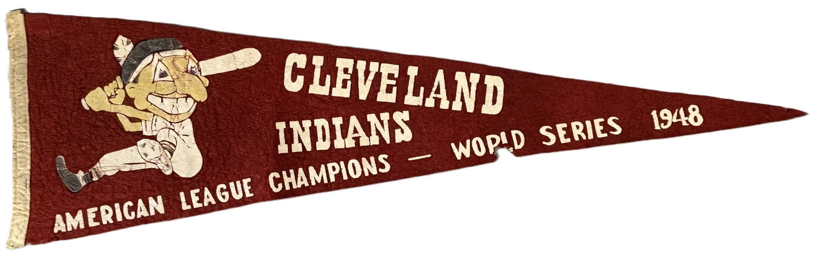 1948 World Series Cleveland Indians American League Champions: Great original full size pennant in great original condition. Light wear to one side as shown. PLEASE NOTE WE OFFER IN HOUSE SHIPPING & HAVE BIDDING AVAILABLE ON OUR OWN WEBSITE! If you win on LIVE AU