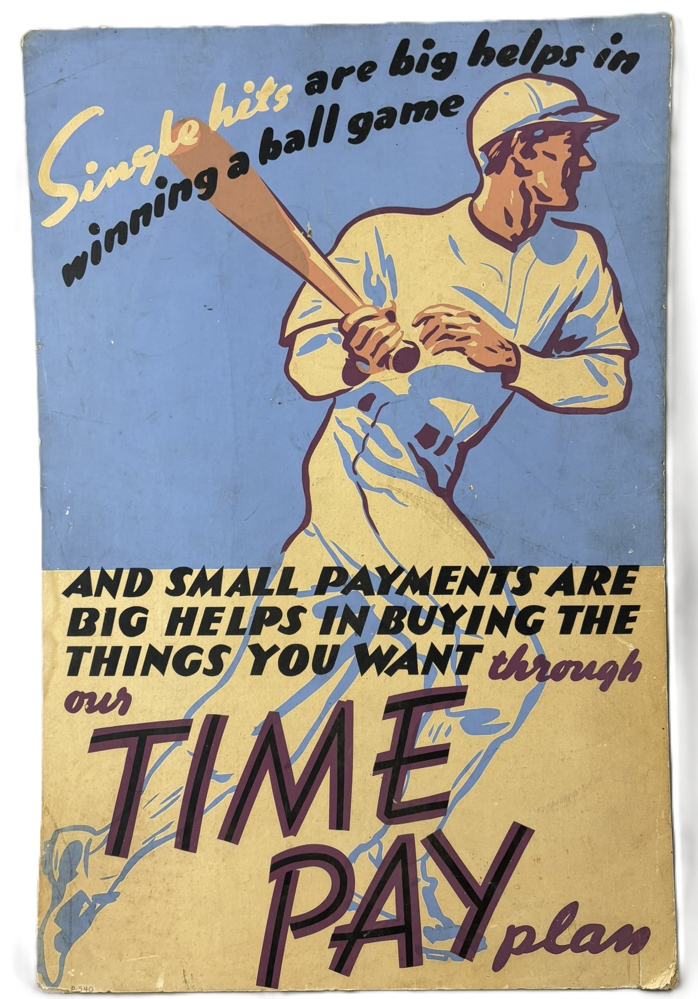 Original 40s "Single Hits" Baseball Cardstock Easel Back Sign Time Pay Plan: 16" x 24" - great original cardboard advertising sign. Original easel back intact. See all photos. PLEASE NOTE WE OFFER IN HOUSE SHIPPING & HAVE BIDDING AVAILABLE ON OUR OWN WEBSITE! If you win on LIV