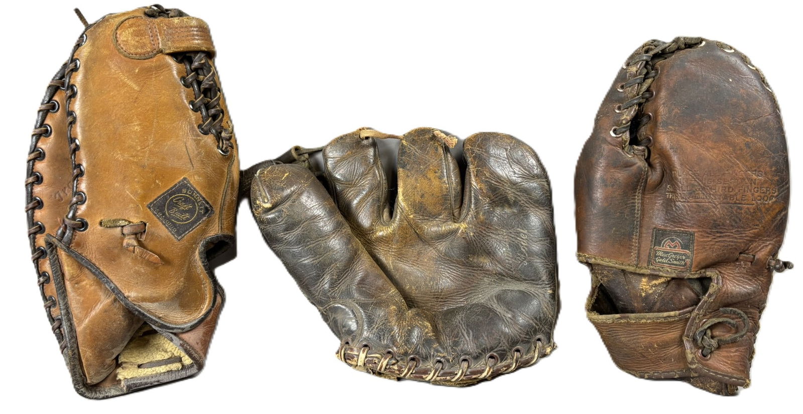 Lot 3 Original Sonnett MacGregor Goldsmith Baseball Gloves: Great assorted lot of original baseball gloves & first base mitts. See all photos. PLEASE NOTE WE OFFER IN HOUSE SHIPPING & HAVE BIDDING AVAILABLE ON OUR OWN WEBSITE! If you win on LIVE AUCTIONEERS, p
