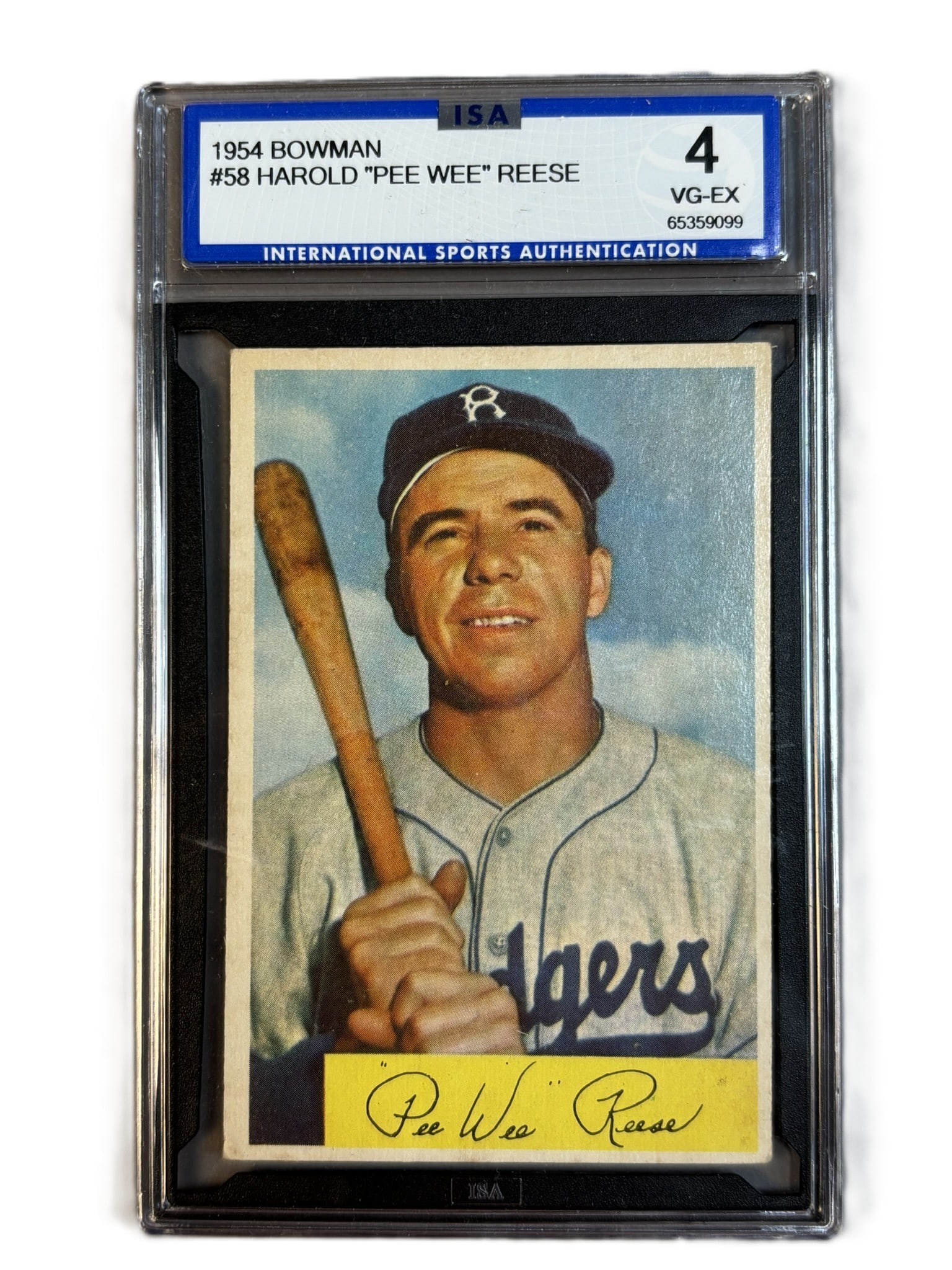 1954 Bowman #58 Harold Pee Wee Reese ISA 4 VG-EX: Great original Pee Wee Reese 1954 Bowman. PLEASE NOTE WE OFFER IN HOUSE SHIPPING & HAVE BIDDING AVAILABLE ON OUR OWN WEBSITE! If you win on LIVE AUCTIONEERS, please click "SELF ARRANGED SHIPPING"