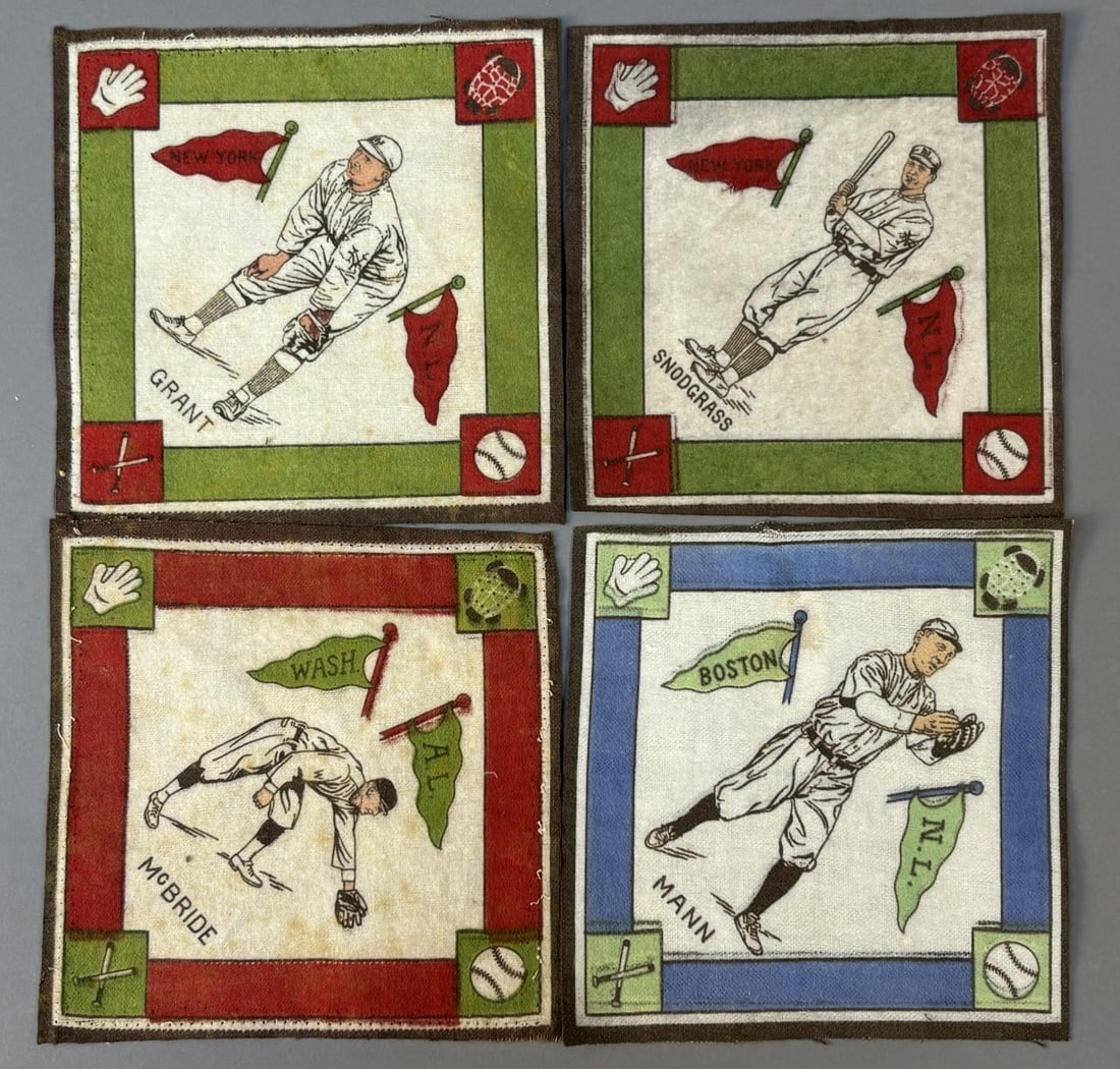 Lot 4 Original B18 Felt Baseball Pennants Mann Snodgrass Grant McBride: Great original lot of B18 Felt Penannts in varying degrees of condition. PLEASE NOTE WE OFFER IN HOUSE SHIPPING & HAVE BIDDING AVAILABLE ON OUR OWN WEBSITE! If you win on LIVE AUCTIONEERS, please