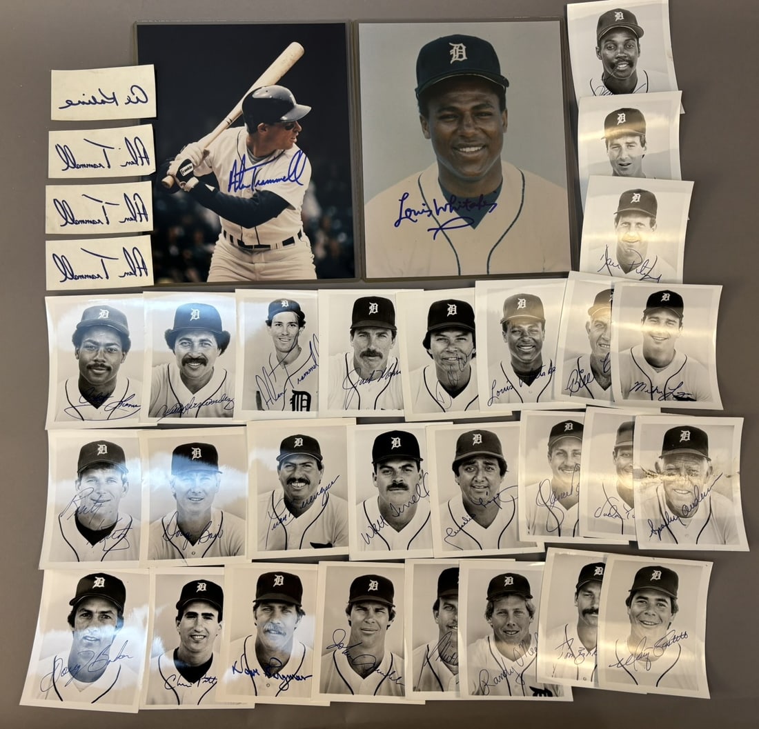 Lot 32 Original Detroit Tigers Whitaker Trammell Signed 8x10 & Team 4x5 & Iron Ons: 26 original 4"x5" team issued photos w/ facsimile autos. 2 original signed 8x10 Trammell & Whitaker photos and 4 original 1976 fabric iron on autos. PLEASE NOTE WE OFFER IN HOUSE SHIPPING & HAVE