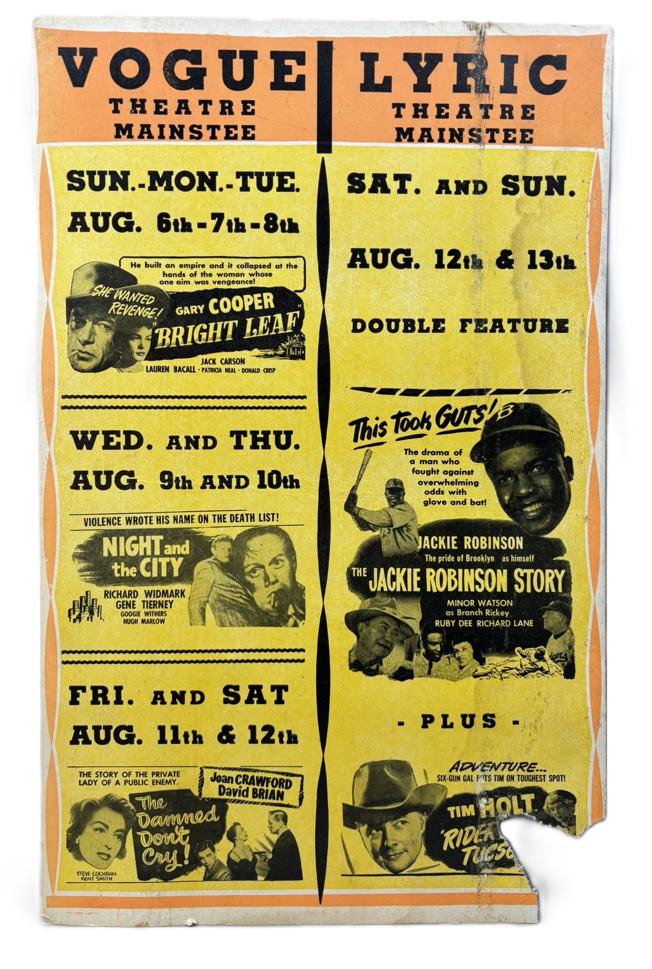 1950 Vogue Lyric Theatre Manistee Michigan The Jackie Robinson Story Movie Lobby Card: Great original Manistee Michigan Lobby Card with "The Jackie Robinson Story" Does show wear, soiling and paper loss. PLEASE NOTE WE OFFER IN HOUSE SHIPPING & HAVE BIDDING AVAILABLE ON OUR OWN