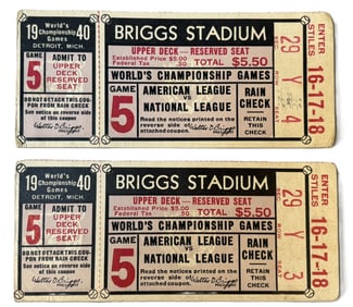 Pair 1940 World Series Game 5 Briggs Stadium Detroit Tigers Full Tickets