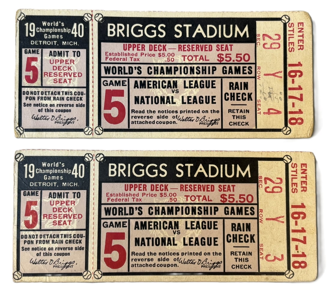 Pair 1940 World Series Game 5 Briggs Stadium Detroit Tigers Full Tickets: Sec 29 Row Y Seat 3 & 4 - see all photos - both are in great original condition. PLEASE NOTE WE OFFER IN HOUSE SHIPPING & HAVE BIDDING AVAILABLE ON OUR OWN WEBSITE! If you win on LIVE AUCTIONEERS, ple