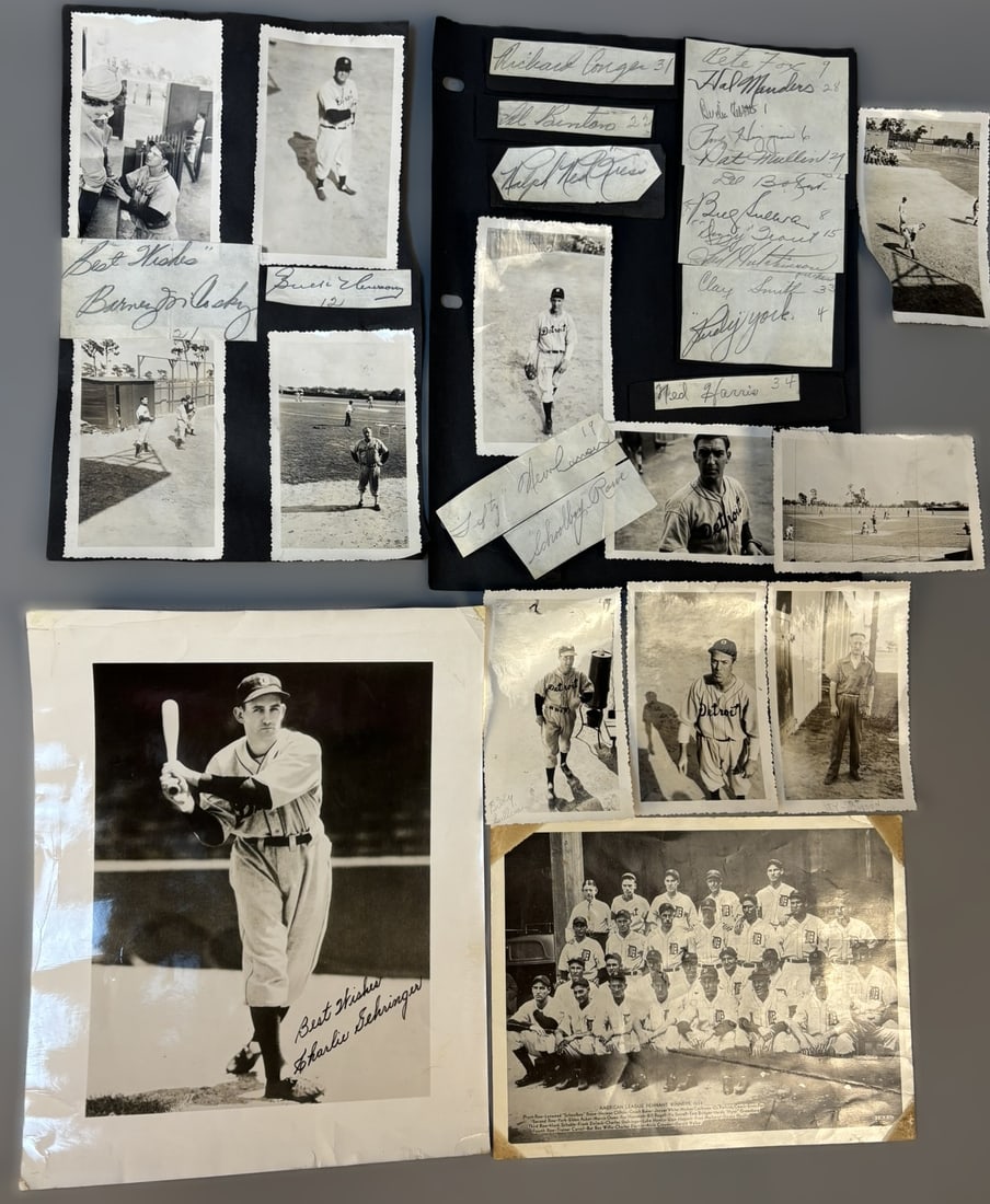 1934 Detroit Tigers Pennant Season Scrapbook Page Original Photos & Signatures: Outstanding period Detroit Tigers scrapbook grouping highlighted by a large-format “American League Pennant Winners, 1934” team composite photograph featuring Mickey Cochrane, Hank