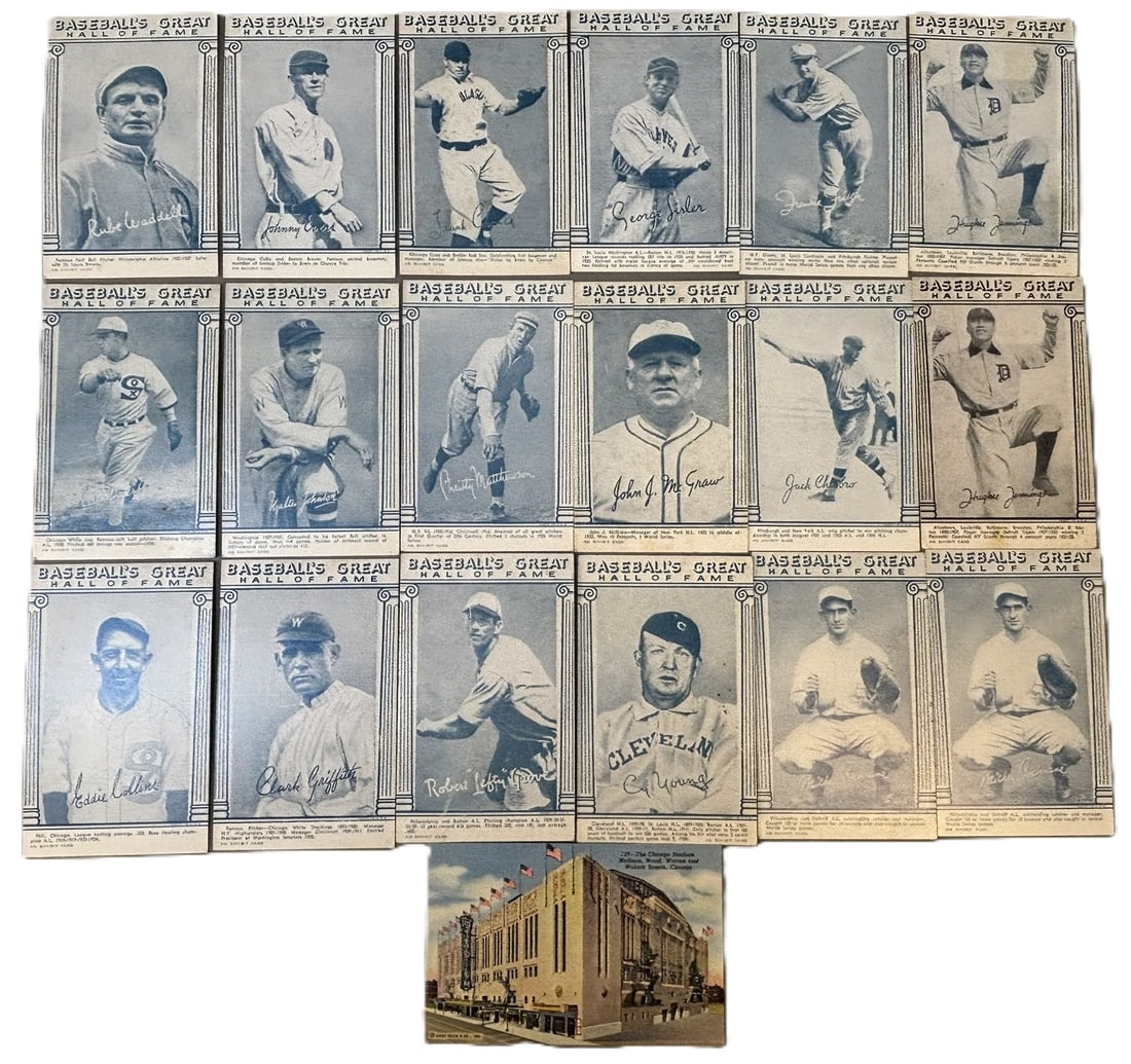 Lot 19 1939–46 Baseball’s Great Hall of Fame Exhibits Postcard Lot: Group of vintage “Baseball’s Great – Hall of Fame” Exhibits postcards, including numerous early baseball legends. Black-and-white photo postcards feature printed facsimile sign