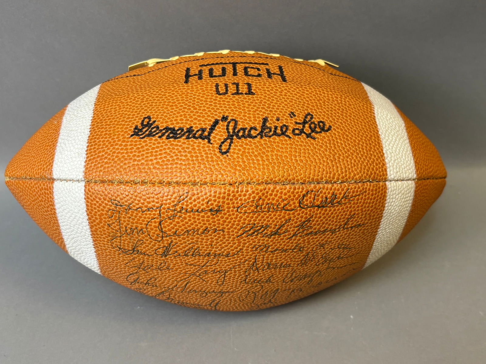 1963 Detroit Lions Team Signed Hutch Leather Football 33 Signatures: Incredible original 1963 Detroit Lions football season signed ball. Ball is made by Hutch U11 General Jackie Lee Model. Great original ball loaded with 33 signatures ofHOF'ers greats and all stars. Si