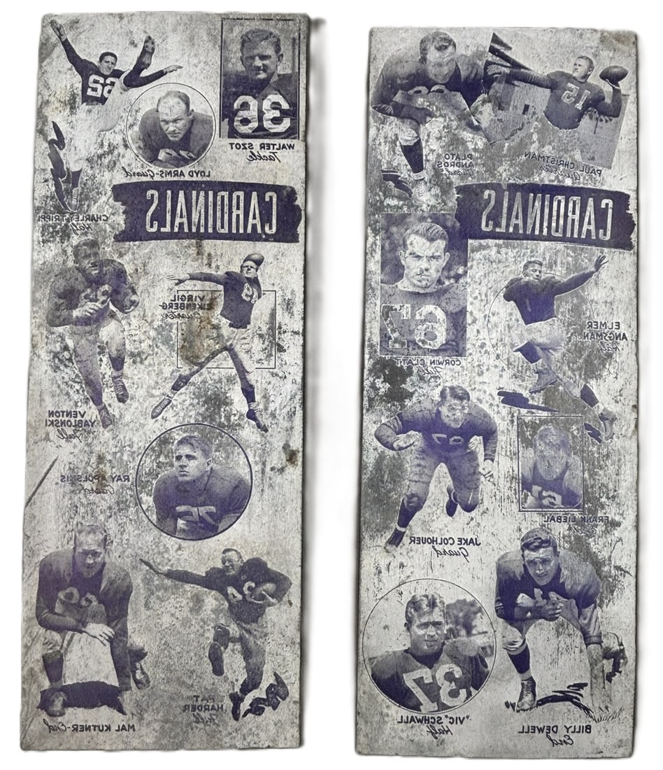 Pair 1947-48 Chicago Cardinals Championships Program Printing Plates: The following players were on the 1947 NFL Champion Chicago Cardinals:Vic SchwallBilly DewellJake ColhouerElmer AngsmanCorwin ClattPaul ChristmanWalter SzotCharley TrippiRay ApolskisPat HarderMal Kutn