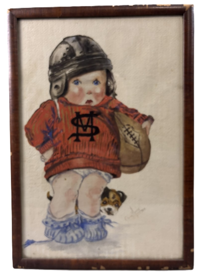 Circa 1920 Grace Murphy Signed Little Boy Football Watercolor: Great original watercolor signed by Grace Murphy measures 11.5" x 16.5" - see all photos. PLEASE NOTE WE OFFER IN HOUSE SHIPPING & HAVE BIDDING AVAILABLE ON OUR OWN WEBSITE! If you win on LIVE AUCTION