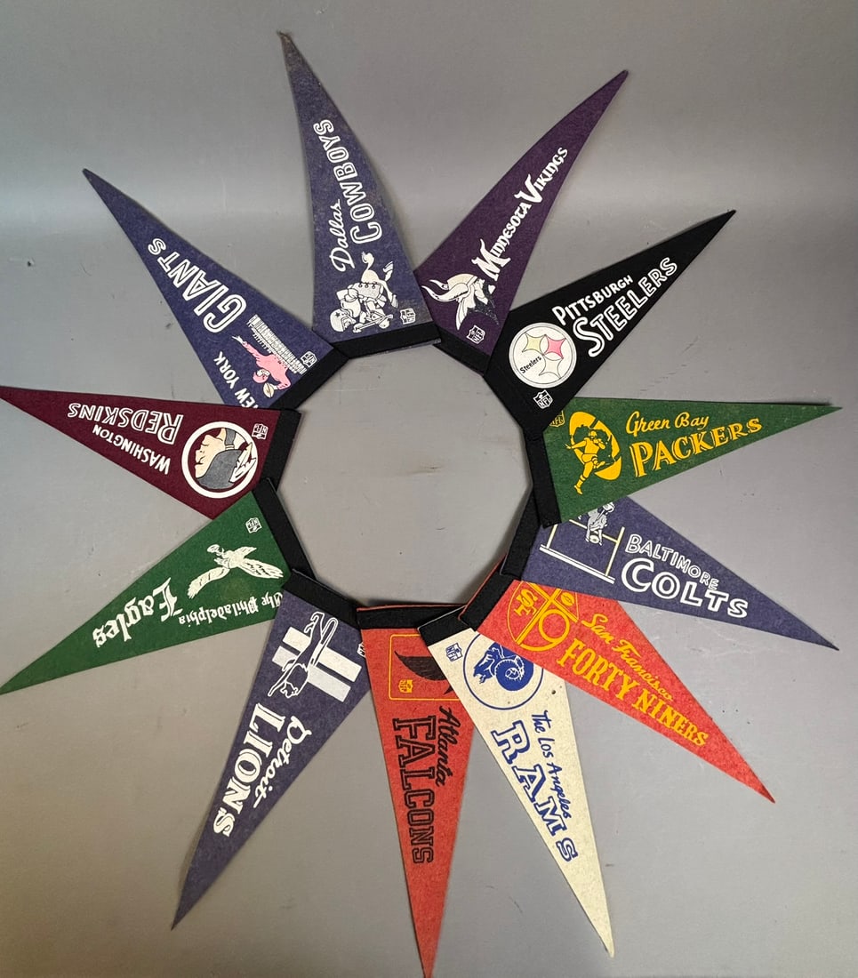 Lot 12 1950s Miniature Felt NFL 12" Football Pennants Giants Red Skins Cowboys & More: Great original lot of 12 1950s-60s mini NFL football pennants. PLEASE NOTE WE OFFER IN HOUSE SHIPPING & HAVE BIDDING AVAILABLE ON OUR OWN WEBSITE! If you win on LIVE AUCTIONEERS, please click "SELF AR