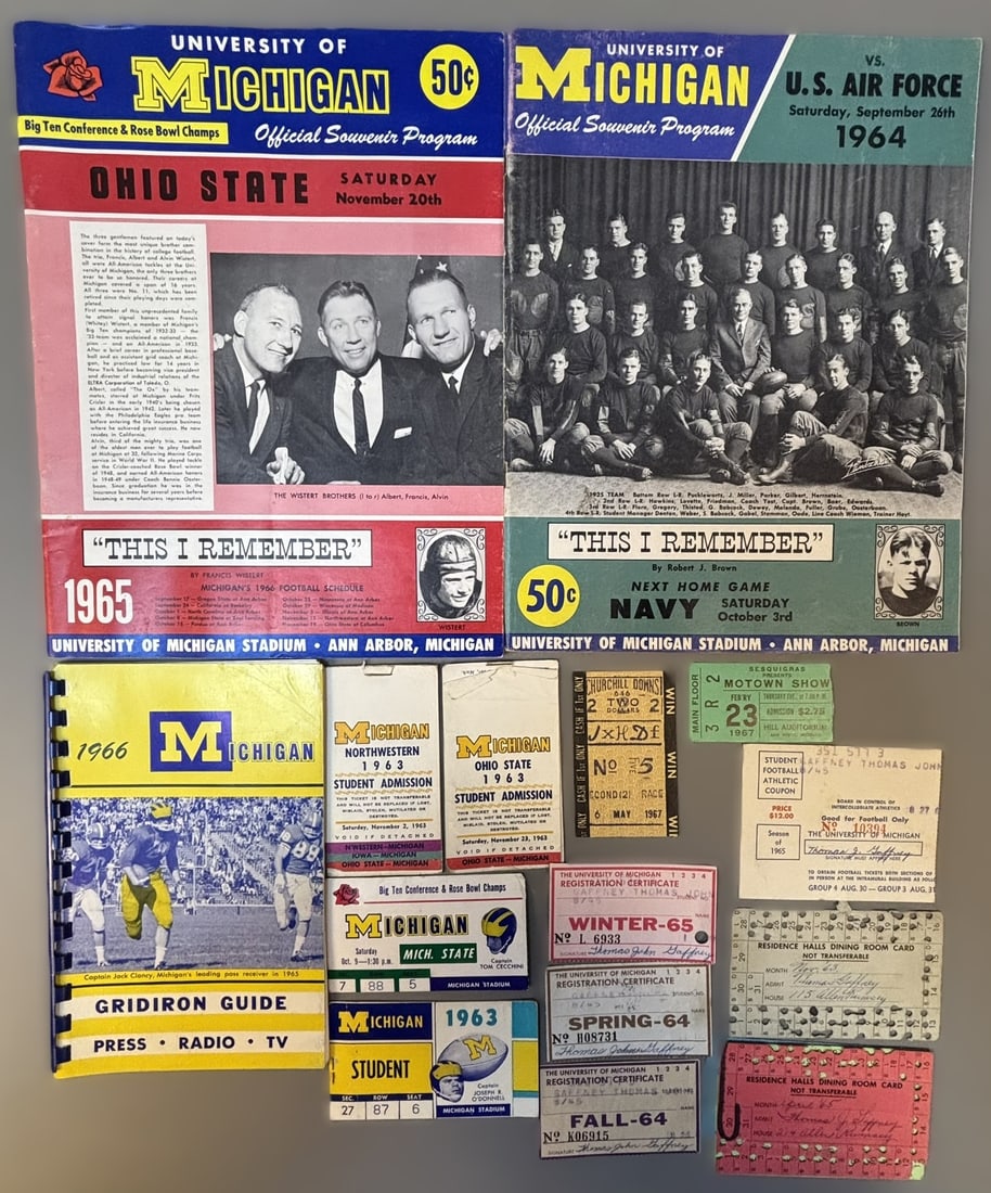 Lot 15 1960s University Michigan Football Programs Ticket Stubs Passes & More: Great original lot of 1960s Michigan Football related items. PLEASE NOTE WE OFFER IN HOUSE SHIPPING & HAVE BIDDING AVAILABLE ON OUR OWN WEBSITE! If you win on LIVE AUCTIONEERS, please click "SELF ARRA