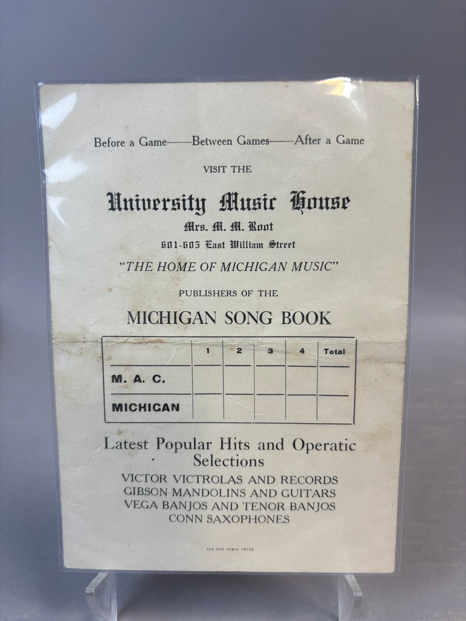Oct 18 1919 University Michigan vs. MAC Official Football Program: Talk about a survivor. Meausres 5" x 7" - front unscored, written on the back as shown. Truly a very scarce and HTF item. PLEASE NOTE WE OFFER IN HOUSE SHIPPING & HAVE BIDDING AVAILABLE ON OUR OWN WEB