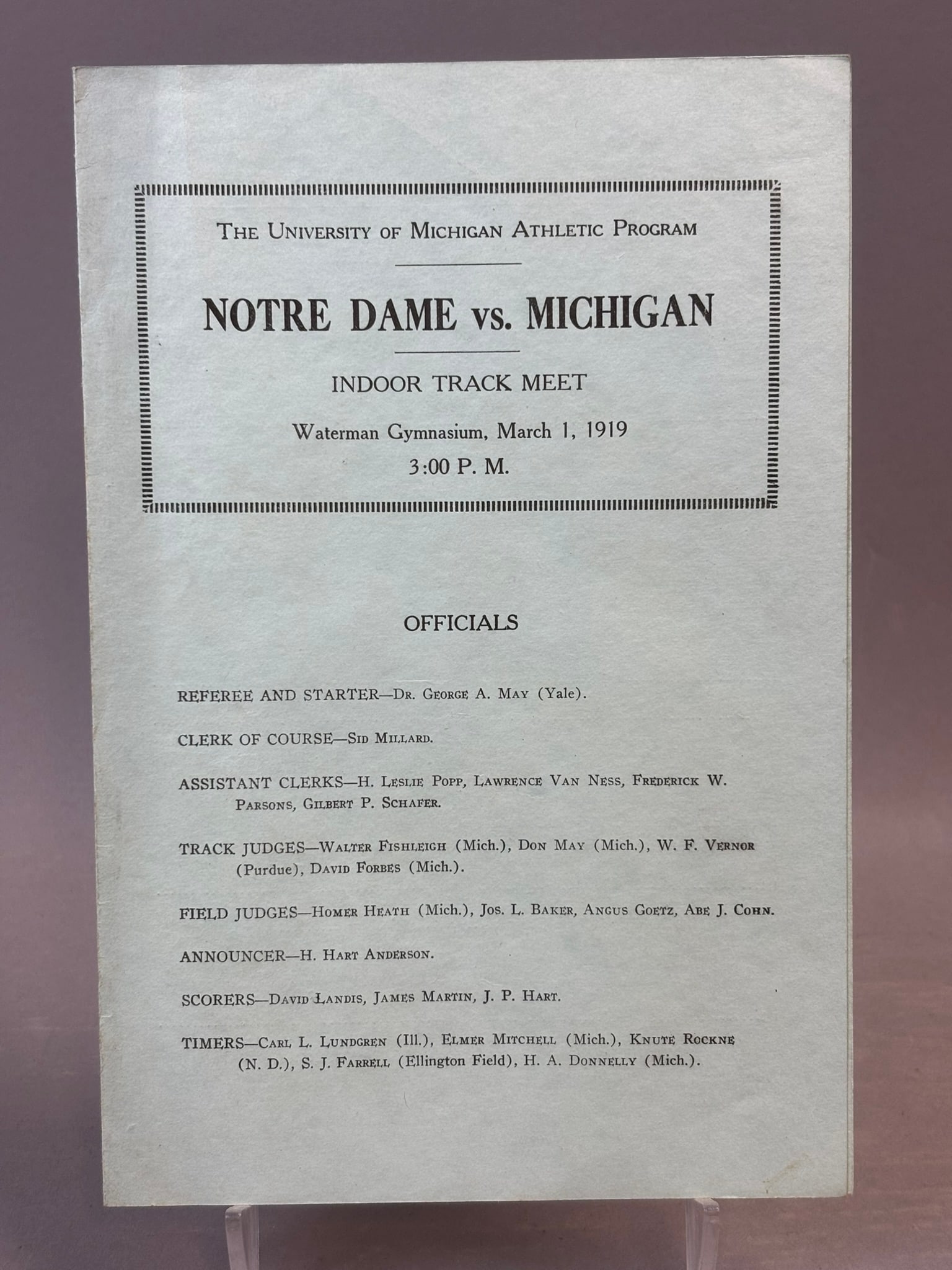 March 1 1919 Notre Dame vs. Michigan Indoor Track Meet Program: Incredible original scored with times original bifold green Waterman Gymnasium program. Knute Rockne was a timer at that event. PLEASE NOTE WE OFFER IN HOUSE SHIPPING & HAVE BIDDING AVAILABLE ON OUR O