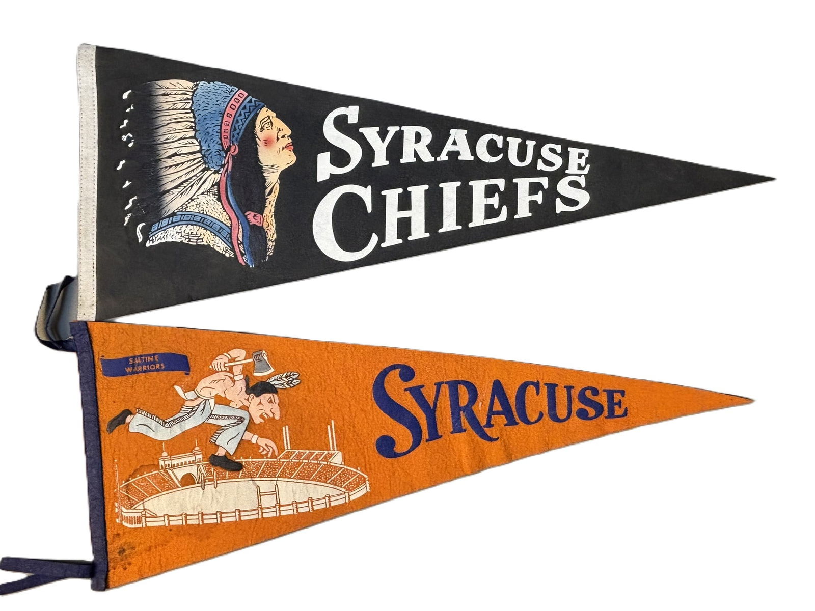 Lot 2 Syracuse Chiefs Original Full Size Felt Minor League Baseball Pennants: Great original full size pennants in great condition overall. PLEASE NOTE WE OFFER IN HOUSE SHIPPING & HAVE BIDDING AVAILABLE ON OUR OWN WEBSITE! If you win on LIVE AUCTIONEERS, please click "SELF ARR