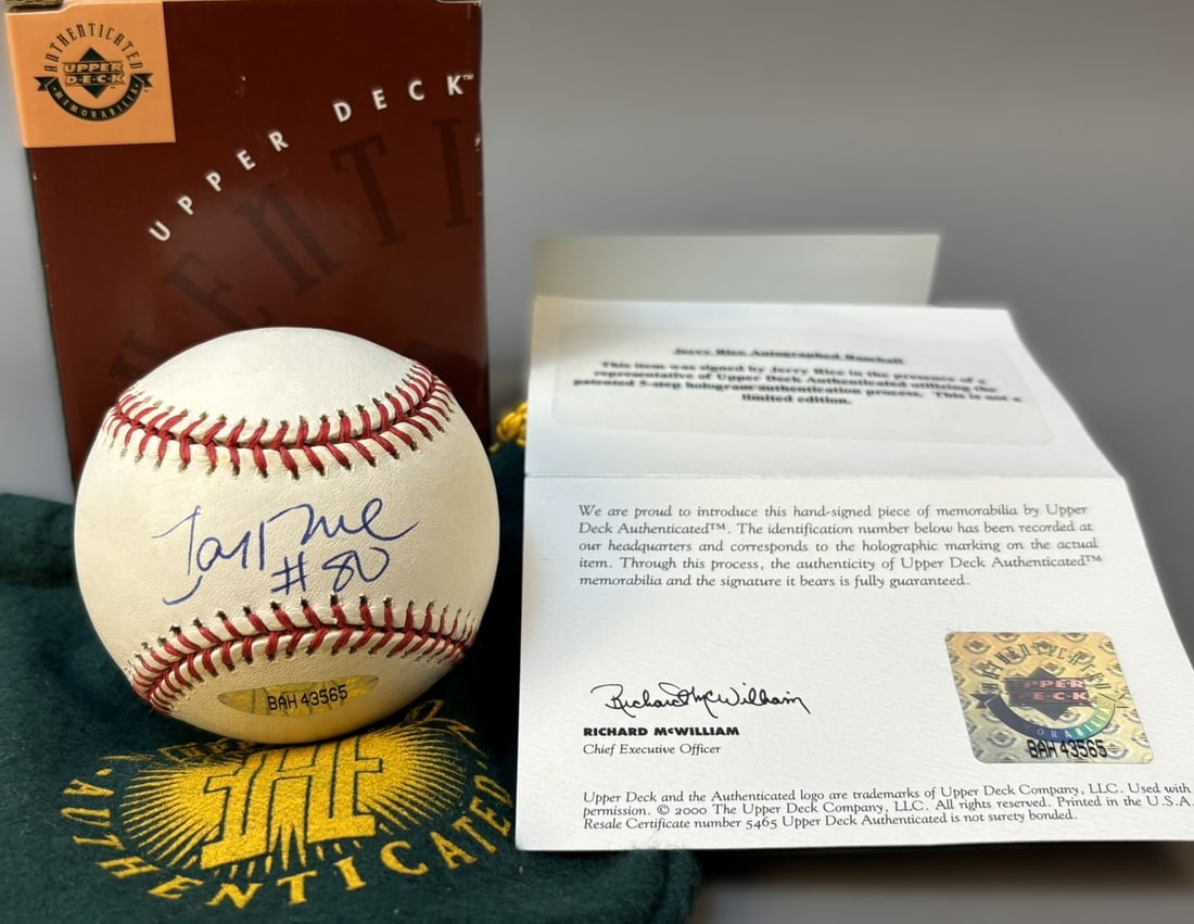 Jerry Rice San Francisco 49ers Signed Upper Deck Baseball w/ COA & Box: Certificate BAH43565. Comes with original bag and box. PLEASE NOTE WE OFFER IN HOUSE SHIPPING & HAVE BIDDING AVAILABLE ON OUR OWN WEBSITE! If you win on LIVE AUCTIONEERS, please click "SELF ARRANGED S