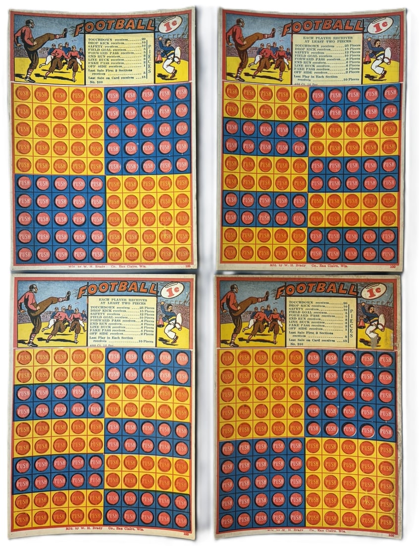 Lot 4 1930s 1 Cent Football Punch Cards by W.H. Brady Eau Claire Wis: 8.75" x 6.5" PLEASE NOTE WE OFFER IN HOUSE SHIPPING & HAVE BIDDING AVAILABLE ON OUR OWN WEBSITE! If you win on LIVE AUCTIONEERS, please click "SELF ARRANGED SHIPPING" when you receive your invoice fro