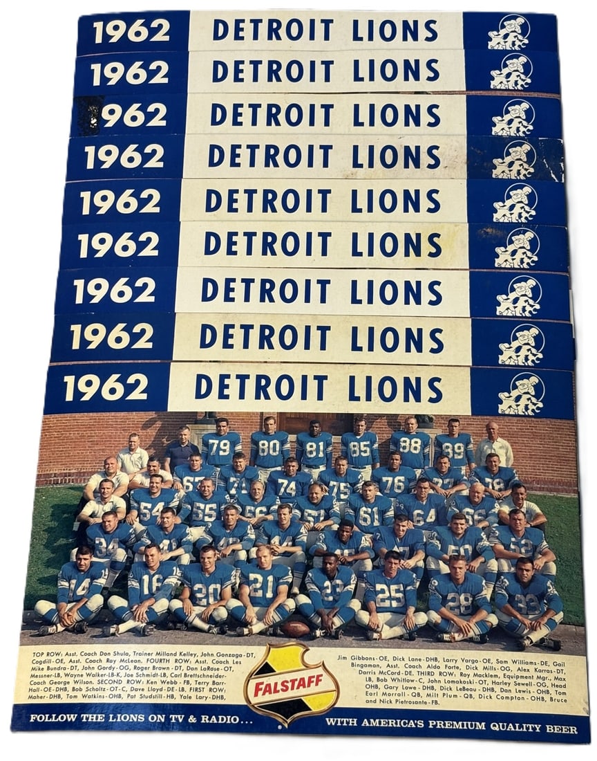 1962 Detroit Lions Lot 9 Original Falstaff Beer Football Schedule: 6" x 9" PLEASE NOTE WE OFFER IN HOUSE SHIPPING & HAVE BIDDING AVAILABLE ON OUR OWN WEBSITE! If you win on LIVE AUCTIONEERS, please click "SELF ARRANGED SHIPPING" when you receive your invoice from LIV