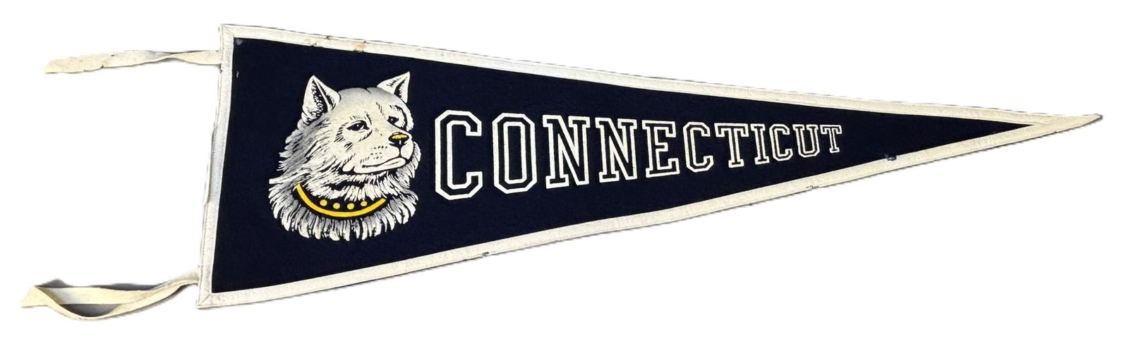 1960s Connecticut UCONN Full Size Wool & Rayon Pennant by Collegiate: Great original pennant. See all photos for a better idea on condition. PLEASE NOTE WE OFFER IN HOUSE SHIPPING & HAVE BIDDING AVAILABLE ON OUR OWN WEBSITE! If you win on LIVE AUCTIONEERS, please click