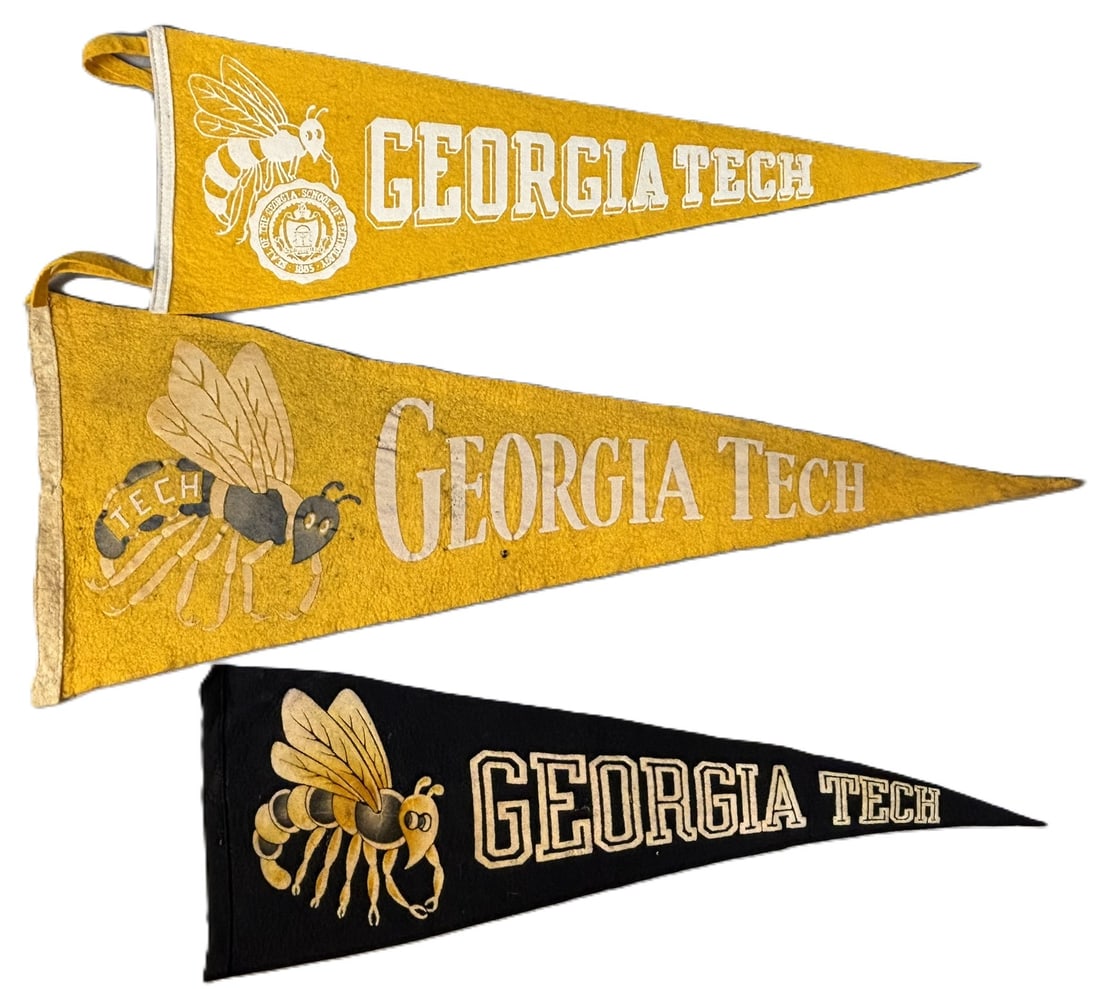 Lot 3 Georgia Tech 50s 60s Full Size Football Sports Pennant: Length 28.5" - 23" - 22.5" - see all photos! Great original lot. PLEASE NOTE WE OFFER IN HOUSE SHIPPING & HAVE BIDDING AVAILABLE ON OUR OWN WEBSITE! If you win on LIVE AUCTIONEERS, please click "SELF